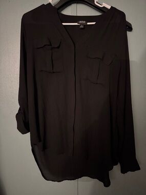 a.n.a Black V-Neck Button-Front Long-Sleeve Blouse with Chest Pockets